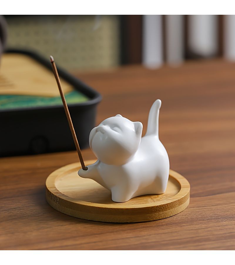 White Cat Orange Ceramic Tabletop Incense Holder With Cat Scented Insert Orange Fragrance Plug In And Wooden Square Tray For Smudge Pot Sticks Zen Meditation Minimalist Home Decor - Image 2
