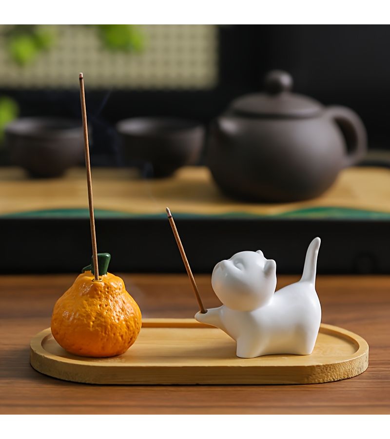 White Cat Orange Ceramic Tabletop Incense Holder With Cat Scented Insert Orange Fragrance Plug In And Wooden Square Tray For Smudge Pot Sticks Zen Meditation Minimalist Home Decor - Image 1