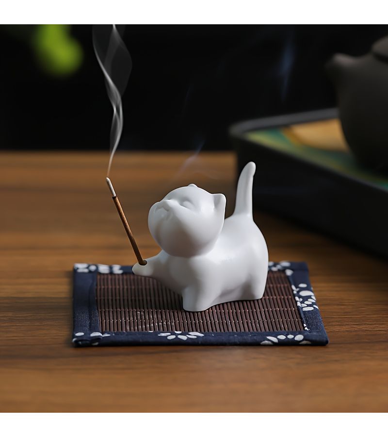 White Cat Orange Ceramic Tabletop Incense Holder With Cat Scented Insert Orange Fragrance Plug In And Wooden Square Tray For Smudge Pot Sticks Zen Meditation Minimalist Home Decor - Image 5