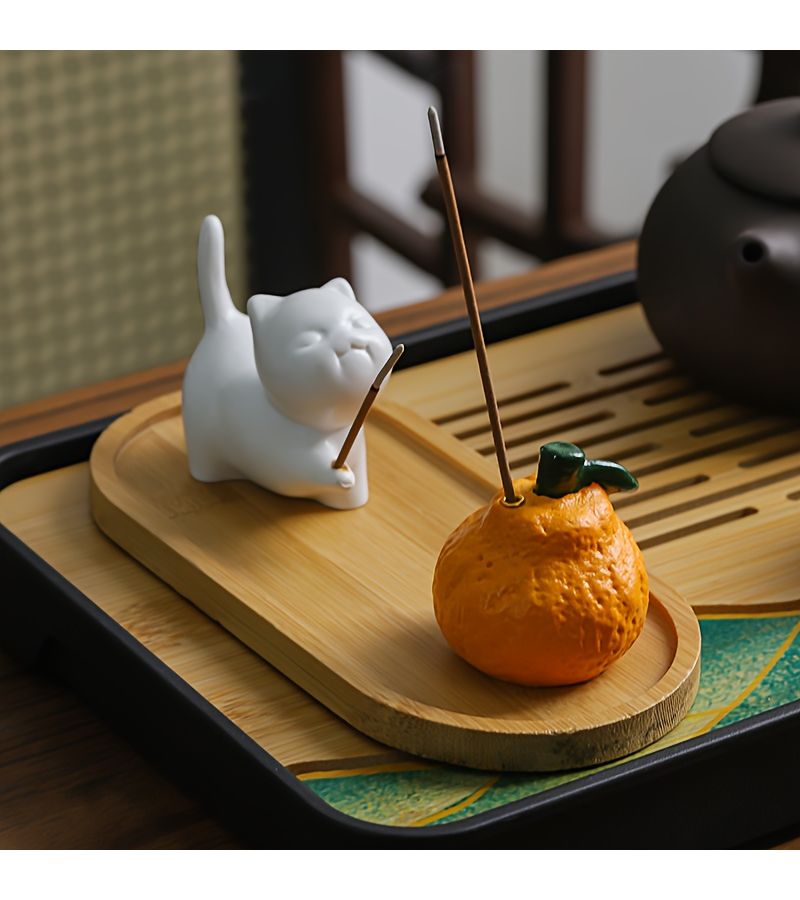 White Cat Orange Ceramic Tabletop Incense Holder With Cat Scented Insert Orange Fragrance Plug In And Wooden Square Tray For Smudge Pot Sticks Zen Meditation Minimalist Home Decor - Image 4