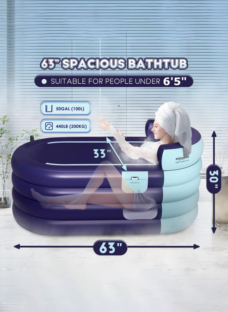 Arabest Inflatable Bathtub Adult 63'' Portable Blow Up Bath Tubs with Cordless Air Pump, Ideal for Hot Ice Bath, Quick Drain Design with 9'10'' Long Hose, Phone Pocket, Water Cushion (Orange) - Image 2