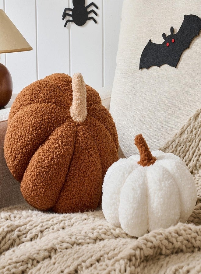CANGHI 2 PCS Fall Pumpkin Pillows Brown White Simulated Pumpkin Shaped Pillow Halloween Decoration Throw Pillows Fluffy Pumpkin Pillows Cushion Decor for Fall Thanksgiving Halloween Bedroom Sofa Couch - Image 1