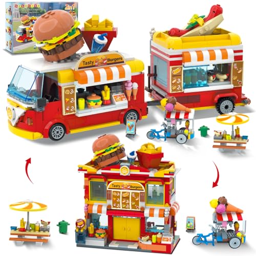 HOGOKIDS City Burger Truck House Building Toy 2 in 1 Burger Van and Restaurant Building Blocks Set Mobile Ice Cream Food Cart Tables Restaurant Playset Valentines Gift for Kids Boys Girls 6826PCS - Image 1