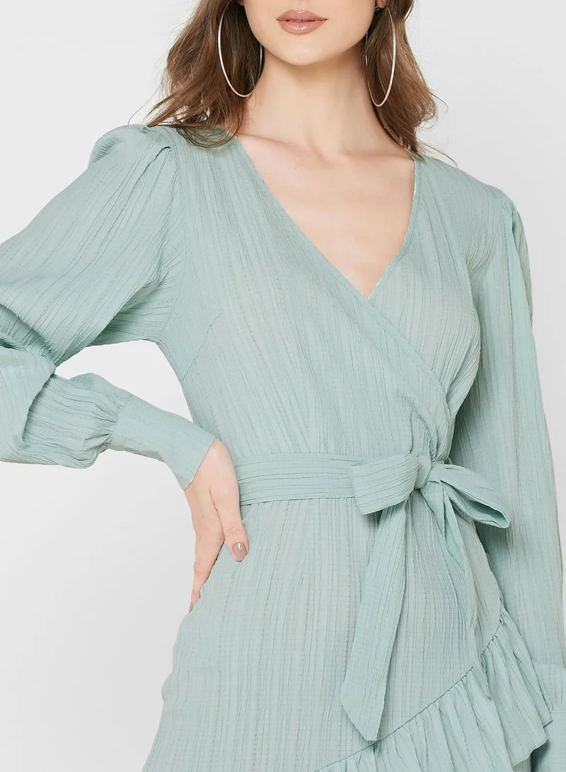 Miss Pap Belted Ruffle Trim Puff Sleeve Dress