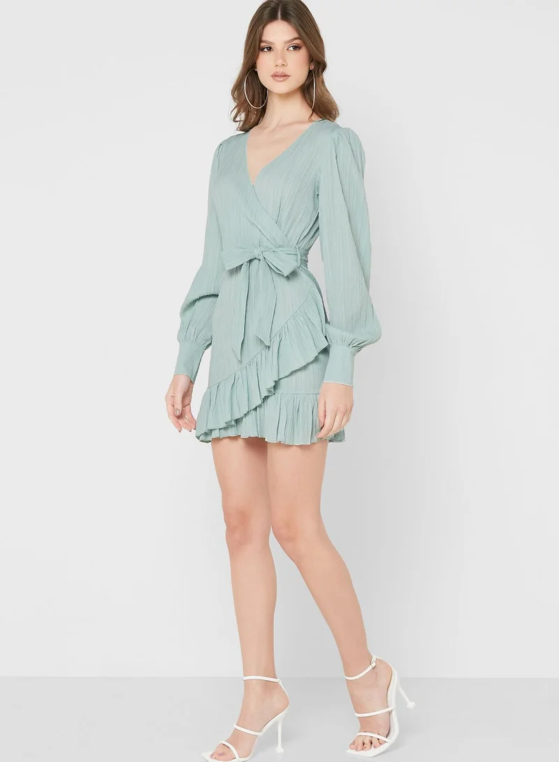 Miss Pap Belted Ruffle Trim Puff Sleeve Dress