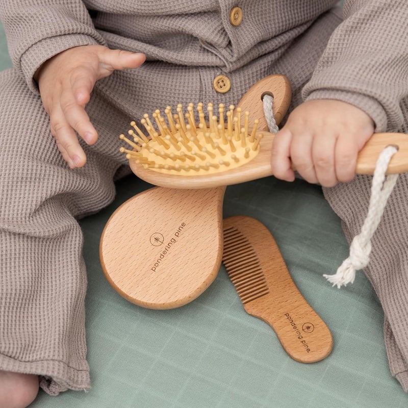Pondering Pine Natural Baby Hair Brush Set with Boho Bag  Goat Hair Cradle Cap Brush Toddler Brush and Comb  Scalp Grooming Baby Hairbrush for Newborn and Infant Wooden Brushes for Boys and Girls - Image 2