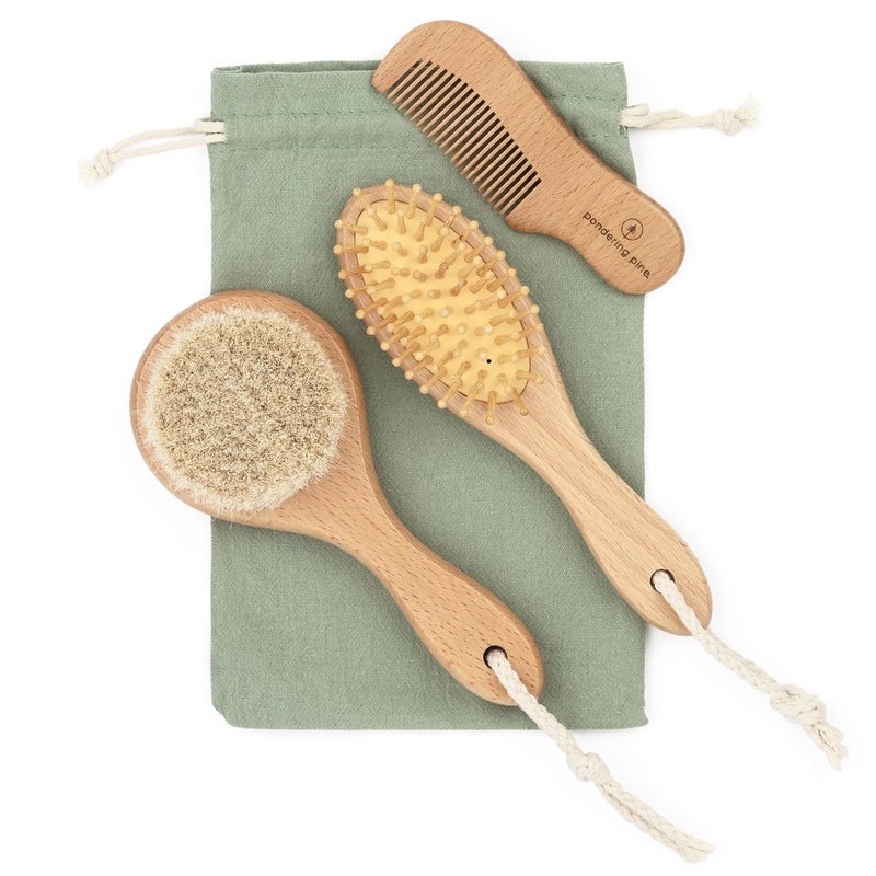 Pondering Pine Natural Baby Hair Brush Set with Boho Bag  Goat Hair Cradle Cap Brush Toddler Brush and Comb  Scalp Grooming Baby Hairbrush for Newborn and Infant Wooden Brushes for Boys and Girls - Image 1