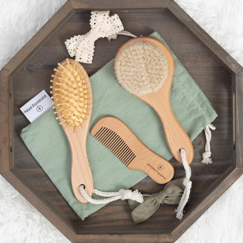 Pondering Pine Natural Baby Hair Brush Set with Boho Bag  Goat Hair Cradle Cap Brush Toddler Brush and Comb  Scalp Grooming Baby Hairbrush for Newborn and Infant Wooden Brushes for Boys and Girls - Image 4