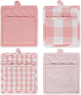 DII Gingham Check Kitchen Collection, Potholder S/4, Pink & White 4 Pieces - Image 1