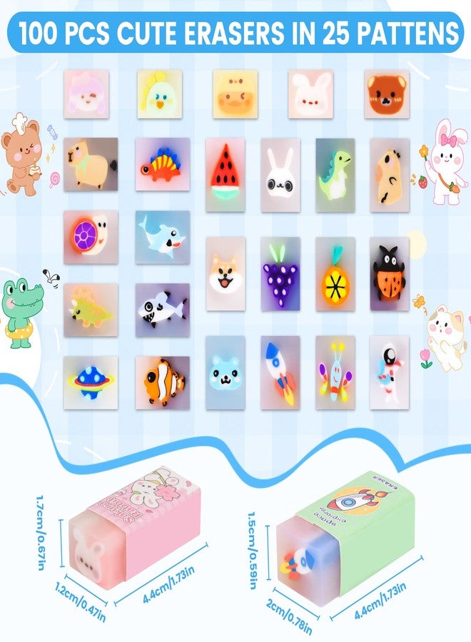 LiYiQ 100-Piece Kawaii Cute Animal Pencil Eraser for Kids, Back to School Supplies, Non-Toxic Rubber, Rectangular - Image 2
