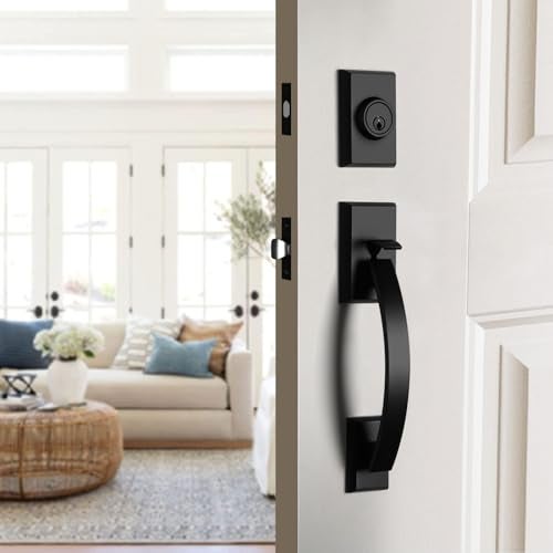 Haidms Black Front Door Handle and Deadbolt Set, Front Door Lock Set, Entry Door Locksets with Deadbolt Single Cylinder, Exterior Door Handle with Reversible Knob Sets - Image 2