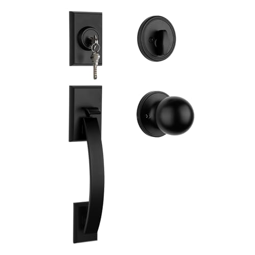Haidms Black Front Door Handle and Deadbolt Set, Front Door Lock Set, Entry Door Locksets with Deadbolt Single Cylinder, Exterior Door Handle with Reversible Knob Sets - Image 1