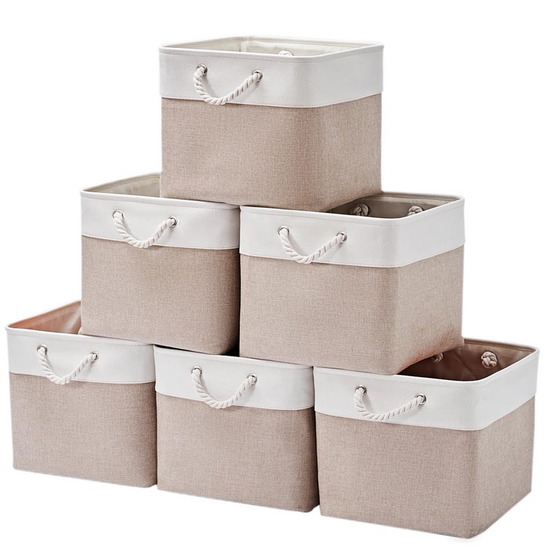 ISEMINGLA 13Ã—15Ã—13 Inch Storage Cubes,6 Pack Cube Storage Bins for Shelves,Fabric Collapsible Storage Bins with Handles, Foldable Storage Basket for Organizing Clothes,Books (White&Beige,13"x15"x13") - Image 1