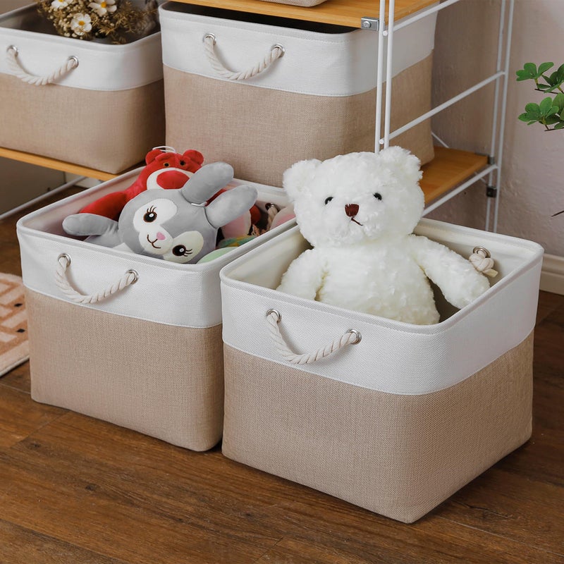 ISEMINGLA 13Ã—15Ã—13 Inch Storage Cubes,6 Pack Cube Storage Bins for Shelves,Fabric Collapsible Storage Bins with Handles, Foldable Storage Basket for Organizing Clothes,Books (White&Beige,13"x15"x13") - Image 2