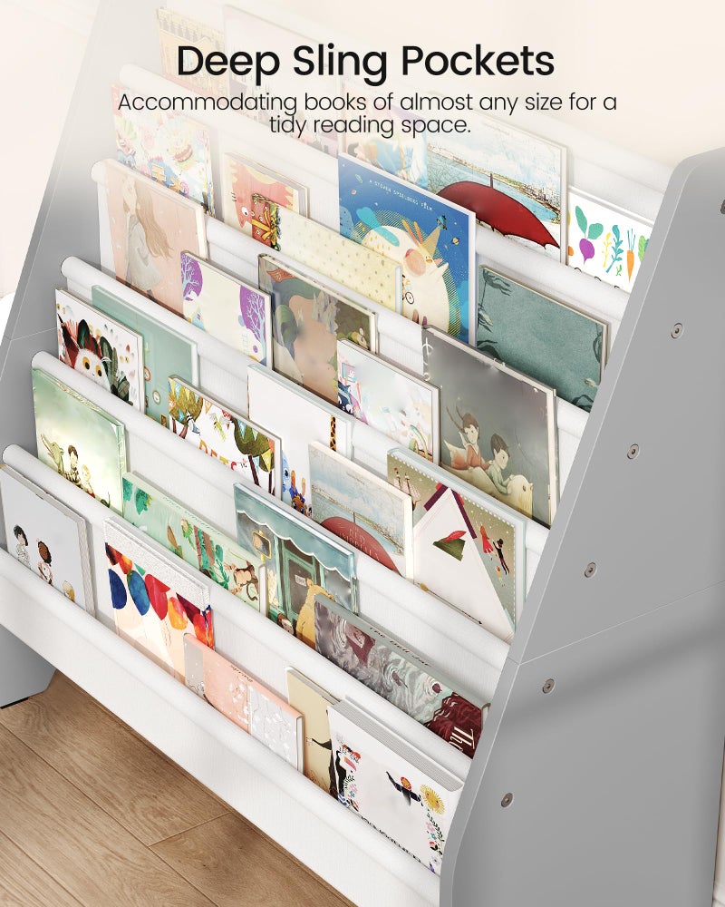 CHOEZON 6-Tier Kids Bookshelf, Book Shelf for Kids Room, Sling Bookcase, Magazine and Book Storage Rack, Large Capacity Book Organizer for Nursery, Bedroom, Playroom, White and Gray MCW07WG - Image 4