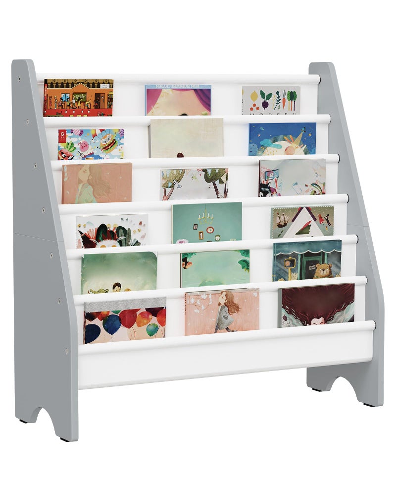 CHOEZON 6-Tier Kids Bookshelf, Book Shelf for Kids Room, Sling Bookcase, Magazine and Book Storage Rack, Large Capacity Book Organizer for Nursery, Bedroom, Playroom, White and Gray MCW07WG - Image 1
