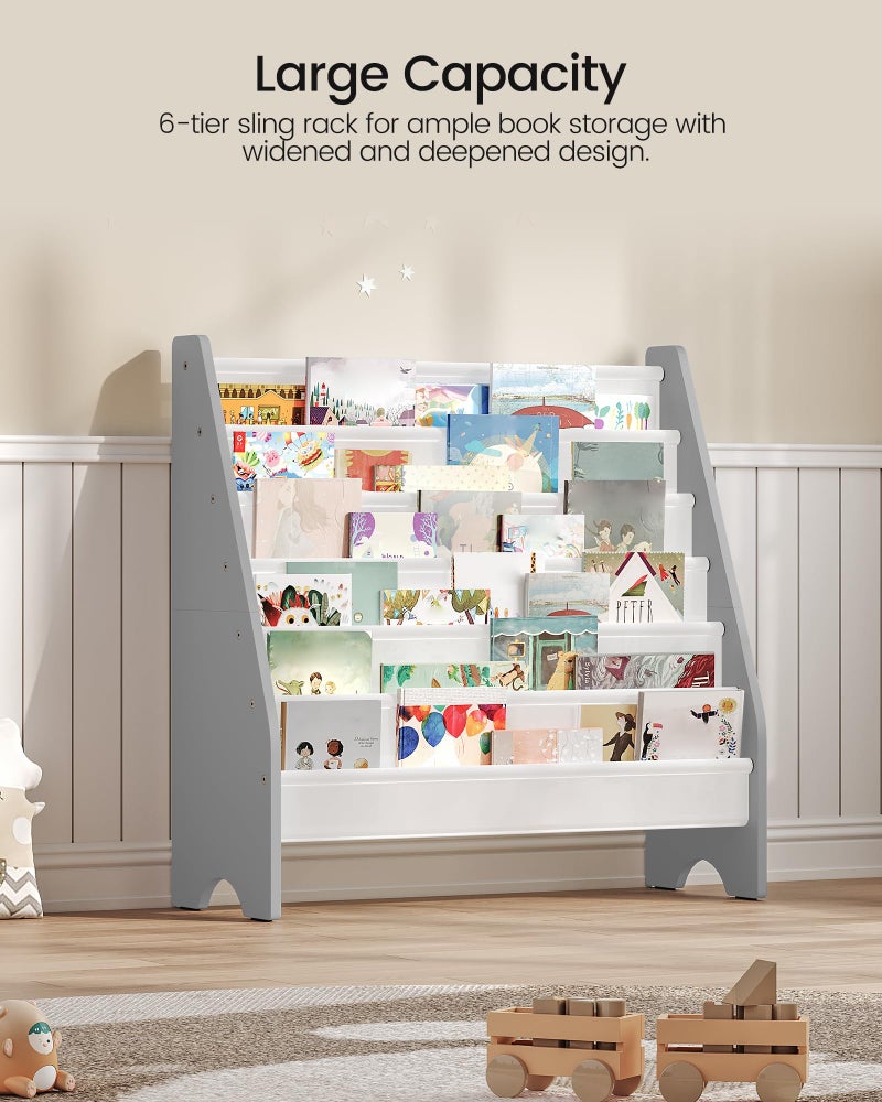 CHOEZON 6-Tier Kids Bookshelf, Book Shelf for Kids Room, Sling Bookcase, Magazine and Book Storage Rack, Large Capacity Book Organizer for Nursery, Bedroom, Playroom, White and Gray MCW07WG - Image 5
