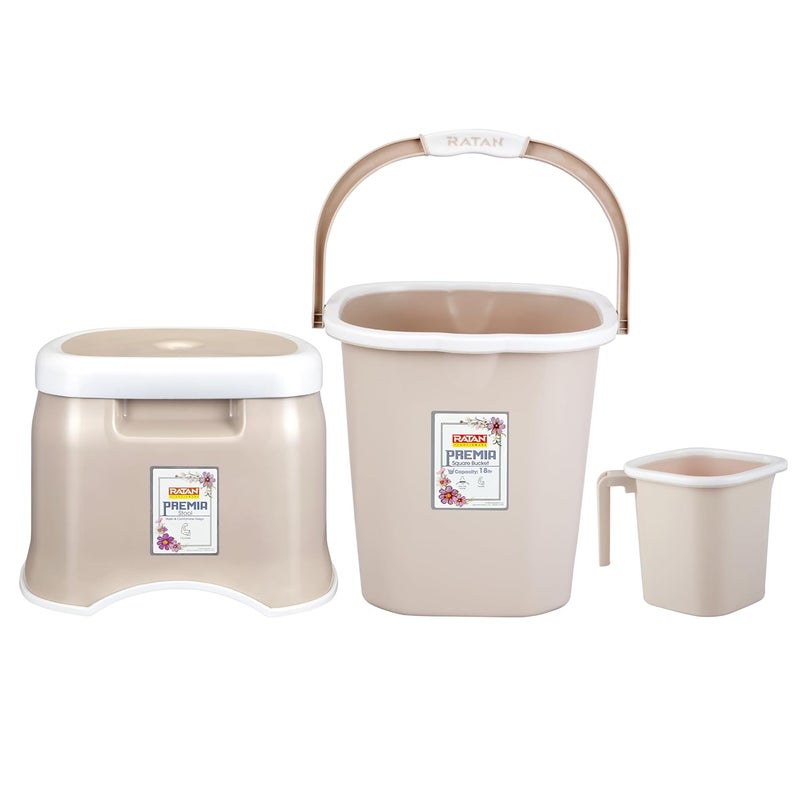 RATAN PLASTICWARE مجموعة حمام رتان بلاستيك بريميا دلو 18 لتر × 1 كوب 15 لتر × 1 كرسي صغير × 1 وردة صحراوية خفيفة الوزن وسهلة الحمل مثالية للاستخدام في الحمامات والمطابخ والمناطق الرطبة - Image 1