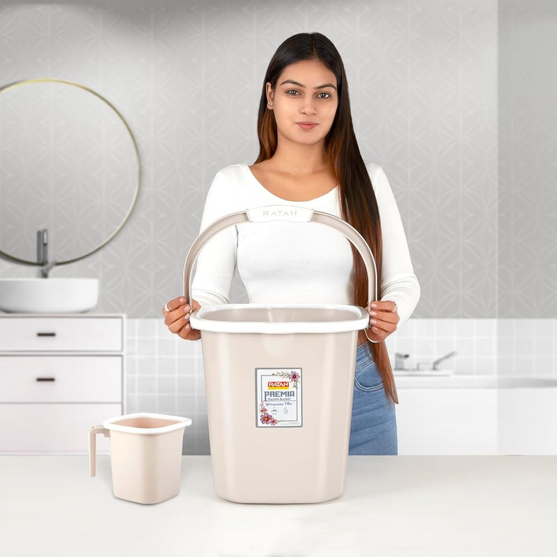 RATAN PLASTICWARE مجموعة حمام رتان بلاستيك بريميا دلو 18 لتر × 1 كوب 15 لتر × 1 كرسي صغير × 1 وردة صحراوية خفيفة الوزن وسهلة الحمل مثالية للاستخدام في الحمامات والمطابخ والمناطق الرطبة - Image 2