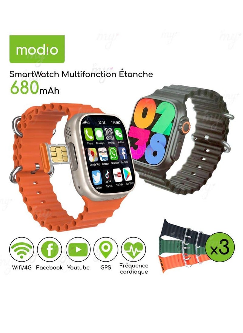 modio - Modio 4G Ultra Max Smartwatch Android Phone Watch With a Built-in GPS System, HD 2.2 Inch Display With Support A Mobile Sim Card/Youtube/Tiktok, Full Touch screen with 3 set strap and wireless charger - Image 1