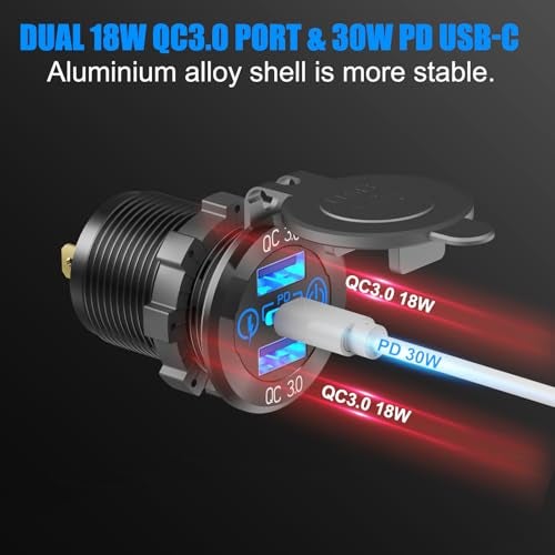 Hapytrip 12 Volt USB Outlet RV Accessory 12V Marine Switch Panel Dual PD30W and QC18W Car USB Port Aluminum Charger Lighted 150W Cigarette Lighter Socket Blue LED Voltmeter and Rocker Switch 4 IN 1 DIY Kit - Image 3