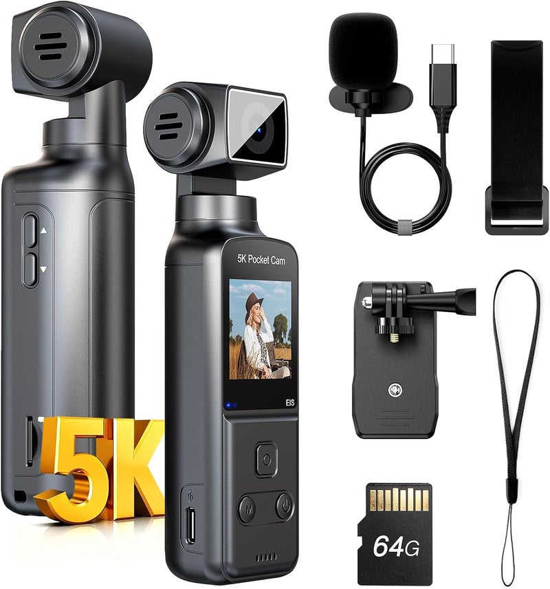 BOBLOV 5K Body Camera with Microphone, W5 Vlogging Camera, 5K/15FPS and 4K/60FPS with 270° Rotating Lens, External Mic Support, Clip/Strap Options, EIS Stabilization for Meeting, and Daily Use (64GB) - Image 1