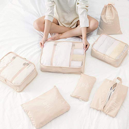 TS WITH TECHSUN Travel Organizer 7 in 1 Travel Laundry Cosmetics Luggage Packing Organizers Set Makeup Bags Organizer Packing Cubes with Shoe Bag for Travel, Nylon (Beige) - Image 2
