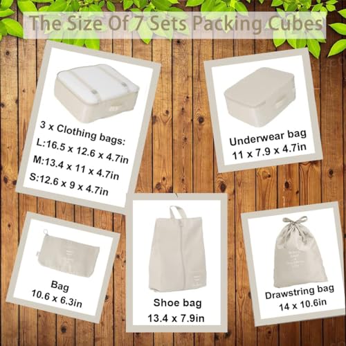 TS WITH TECHSUN Travel Organizer 7 in 1 Travel Laundry Cosmetics Luggage Packing Organizers Set Makeup Bags Organizer Packing Cubes with Shoe Bag for Travel, Nylon (Beige) - Image 4