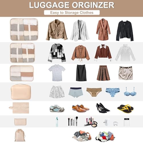 TS WITH TECHSUN Travel Organizer 7 in 1 Travel Laundry Cosmetics Luggage Packing Organizers Set Makeup Bags Organizer Packing Cubes with Shoe Bag for Travel, Nylon (Beige) - Image 5