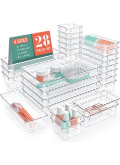 Uwals 28 PCS Clear Plastic Drawer Organizers Set, 4 Size Desk Drawer Organizer Trays for Makeup, Jewelry, Kitchen Utensils, Gadgets and Office Accessories  - Image 1
