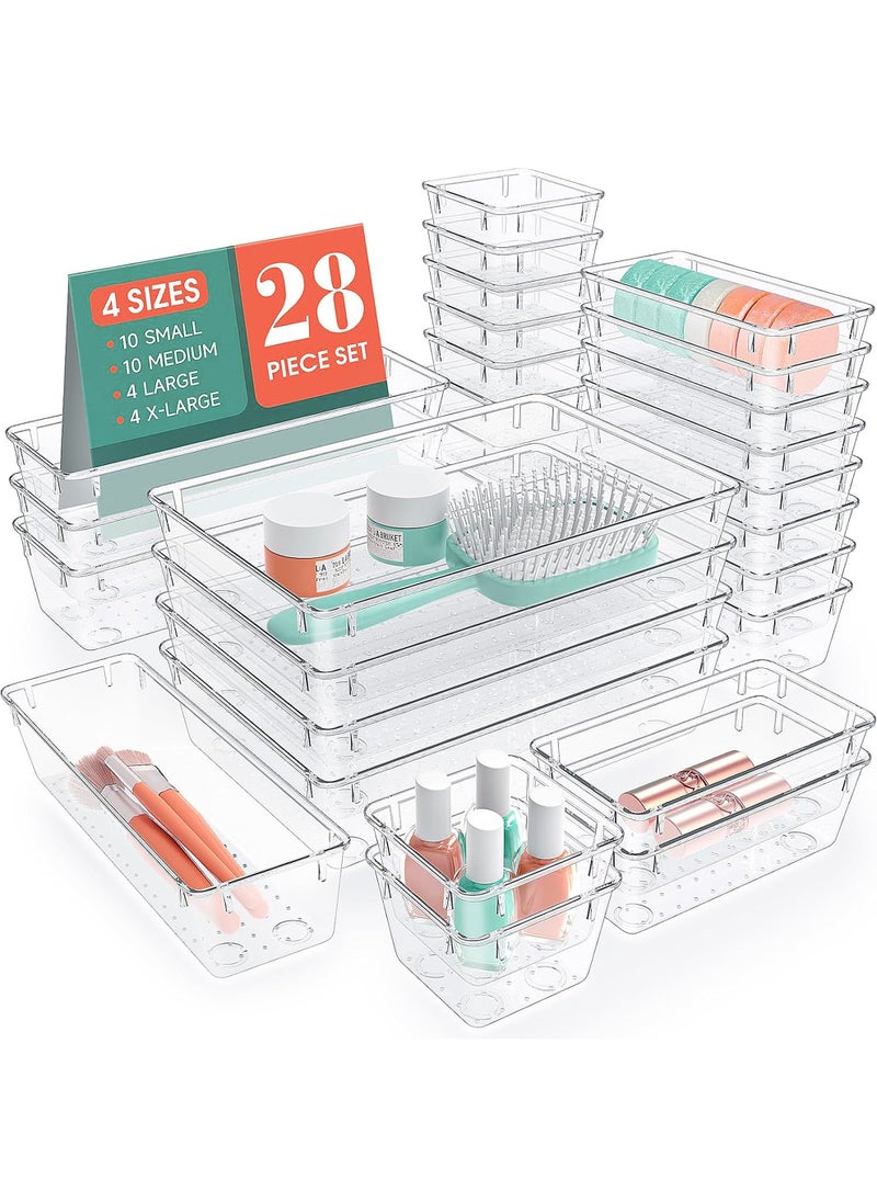 Uwals 28 PCS Clear Plastic Drawer Organizers Set, 4 Size Desk Drawer Organizer Trays for Makeup, Jewelry, Kitchen Utensils, Gadgets and Office Accessories  - Image 1