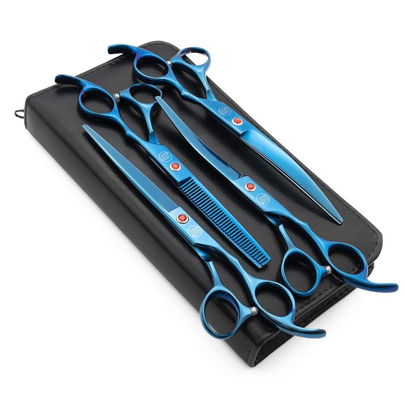Moontay Professional 70 Dog Grooming Scissors Set 4pieces Straight Upward Curved Downward Curved ThinningBlending Shears for Dog Cat and Pets JP Stainless Steel Blue