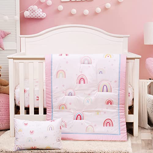 UOMNY Crib Bedding Set for Girls 3 Piece with Comforter Sheet Toddler Pillowcase Baby Bedding Sets Pink Rainbow - Image 1