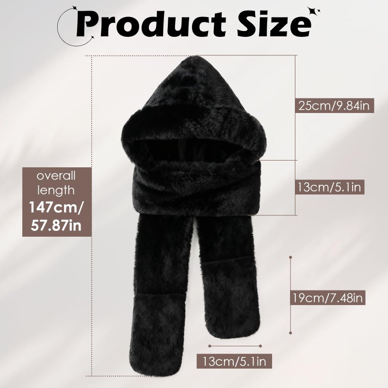 Premillow Winter Hat Scarf Gloves Set for Women, Warm 3-in-1 Hooded Scarf Hat Gloves Set with Pocket Mitts Stylish Cute Faux Fur Hats for Adults, Black - Image 4