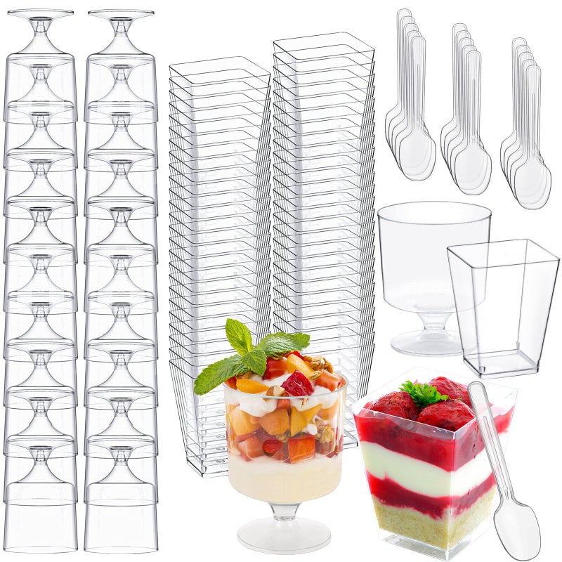 wtarabur 320-Pack Dessert Cups with Spoons 5 oz Mini Plastic Dessert Cups for Party Yogurt Parfait Jello Fruit Appetizer Cocktail Small Clear Reusable Square and Round Goblet-Shaped Dessert Bowls Shot Glasses - Image 1