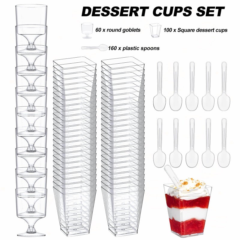 wtarabur 320-Pack Dessert Cups with Spoons 5 oz Mini Plastic Dessert Cups for Party Yogurt Parfait Jello Fruit Appetizer Cocktail Small Clear Reusable Square and Round Goblet-Shaped Dessert Bowls Shot Glasses - Image 4