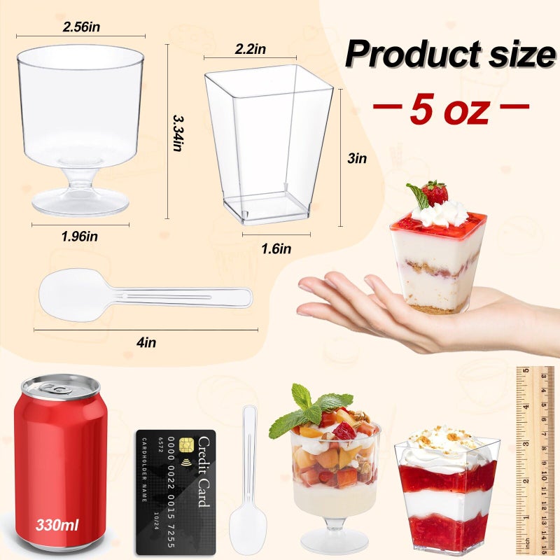 wtarabur 320-Pack Dessert Cups with Spoons 5 oz Mini Plastic Dessert Cups for Party Yogurt Parfait Jello Fruit Appetizer Cocktail Small Clear Reusable Square and Round Goblet-Shaped Dessert Bowls Shot Glasses - Image 2