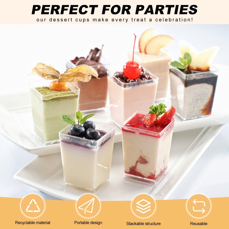 wtarabur 320-Pack Dessert Cups with Spoons 5 oz Mini Plastic Dessert Cups for Party Yogurt Parfait Jello Fruit Appetizer Cocktail Small Clear Reusable Square and Round Goblet-Shaped Dessert Bowls Shot Glasses - Image 3