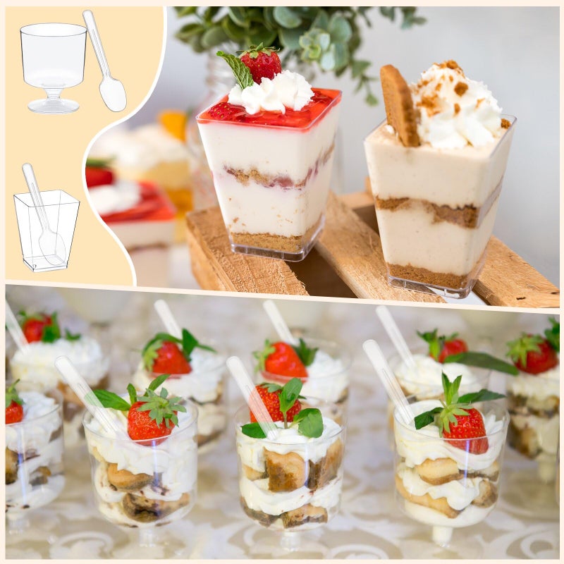 wtarabur 320-Pack Dessert Cups with Spoons 5 oz Mini Plastic Dessert Cups for Party Yogurt Parfait Jello Fruit Appetizer Cocktail Small Clear Reusable Square and Round Goblet-Shaped Dessert Bowls Shot Glasses - Image 5
