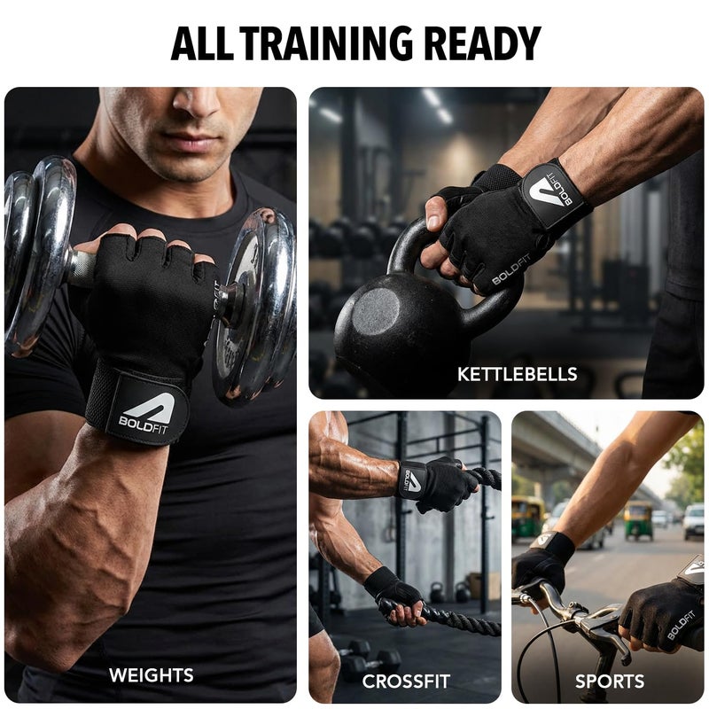BOLDFIT Gym Gloves for Men Workout Unisex Hand Gloves for Gym for Men & Women with Wrist Support for Weightlifting, Workout Comfortable Fit Bike Riding, Cycling Handgloves - Warrior Black - Image 3