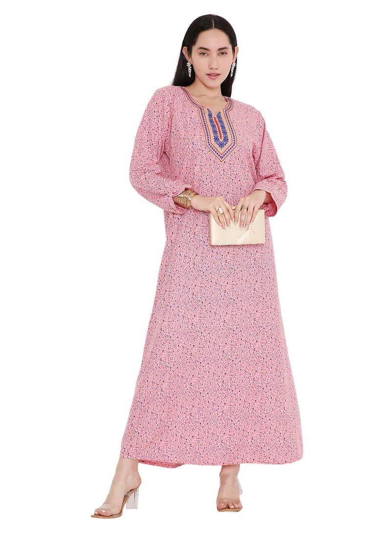 HANA & SARA TINY FLOWER PRINT WITH UNIQUE THREAD EMBROIDERY ON NECK CASUAL ARABIC FARASHA KAFTAN JALABIYA DRESS  - Image 1