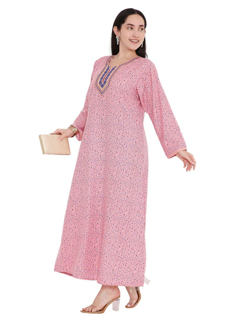 HANA & SARA TINY FLOWER PRINT WITH UNIQUE THREAD EMBROIDERY ON NECK CASUAL ARABIC FARASHA KAFTAN JALABIYA DRESS  - Image 4