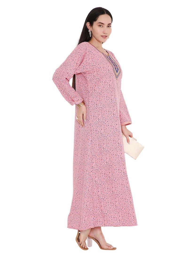 HANA & SARA TINY FLOWER PRINT WITH UNIQUE THREAD EMBROIDERY ON NECK CASUAL ARABIC FARASHA KAFTAN JALABIYA DRESS  - Image 5