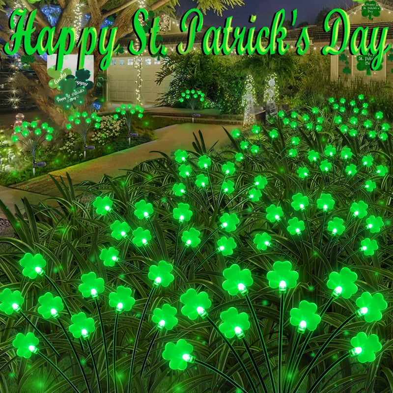 Sakayo 2 Pack St Patricks Day Decorations Solar Outdoor Lights 18 LED Lucky Green Shamrock Irish Firefly Solar Lights 2 Modes Waterproof St Patricks Day Light for Yard Garden Lawn Pathway Decor - Image 2