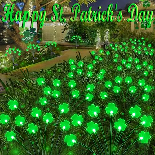 Sakayo 2 Pack St Patricks Day Decorations Solar Outdoor Lights 18 LED Lucky Green Shamrock Irish Firefly Solar Lights 2 Modes Waterproof St Patricks Day Light for Yard Garden Lawn Pathway Decor - Image 1