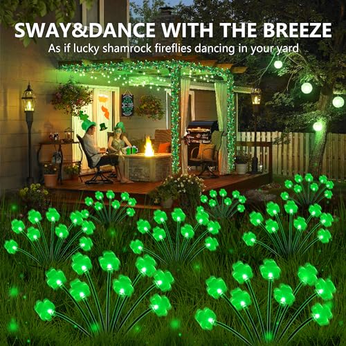 Sakayo 2 Pack St Patricks Day Decorations Solar Outdoor Lights 18 LED Lucky Green Shamrock Irish Firefly Solar Lights 2 Modes Waterproof St Patricks Day Light for Yard Garden Lawn Pathway Decor - Image 3