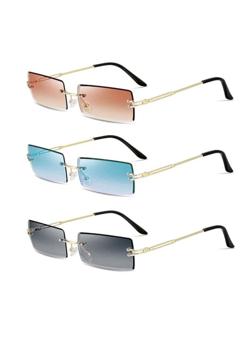 Retro Transparent Rimless Rectangle Sunglasses Set for Women - Chic Colorful Frames for Girls - 3 Pack Sunglasses - Image 1