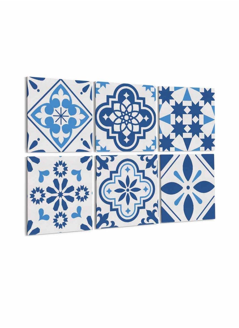 LOWHA Set Of 6 Framed Square Canvas Wall Arts Stretched Over Wooden Frame, Portuguese Azulejo Style Painting, For Home, Living Room, Office Decor  - Image 1