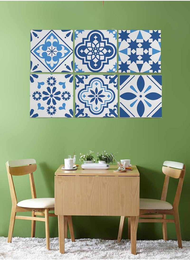 LOWHA Set Of 6 Framed Square Canvas Wall Arts Stretched Over Wooden Frame, Portuguese Azulejo Style Painting, For Home, Living Room, Office Decor  - Image 2