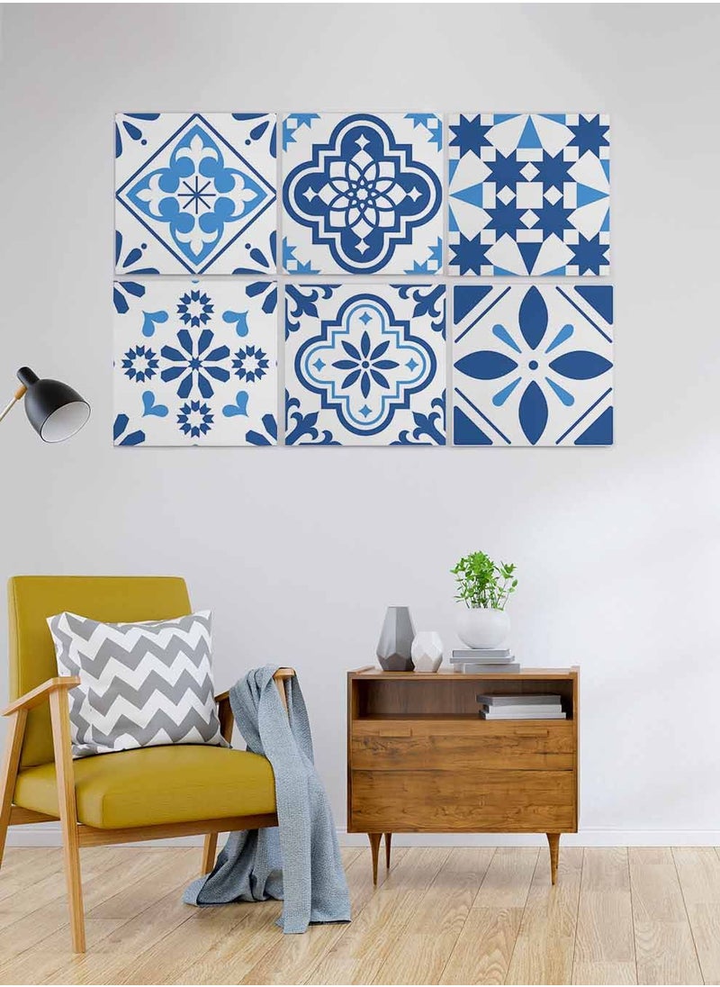LOWHA Set Of 6 Framed Square Canvas Wall Arts Stretched Over Wooden Frame, Portuguese Azulejo Style Painting, For Home, Living Room, Office Decor  - Image 3